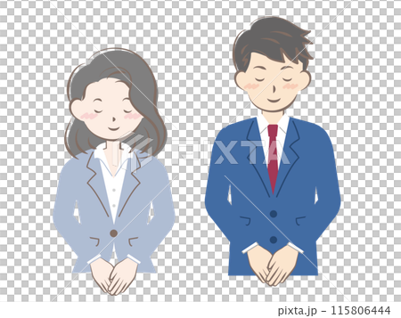 お辞儀をするスーツ姿の男女　上半身 115806444