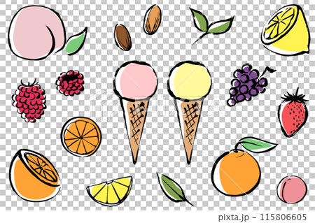 筆タッチのアイスクリームとフレーバーのフルーツやナッツなどのイラスト 115806605