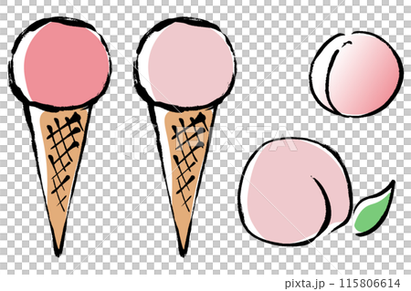 筆タッチの桃フレーバーのアイスクリームのイラストセット 115806614