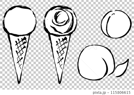筆タッチの桃フレーバーのアイスクリームの線画イラストセット 115806615
