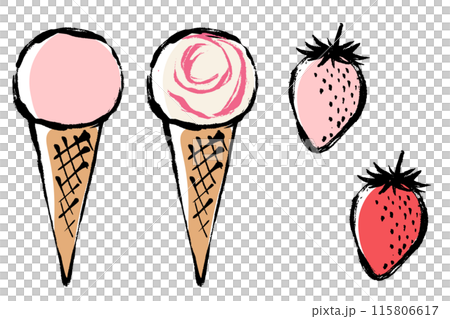 筆タッチのストロベリーフレーバーのアイスクリームのイラストセット 115806617