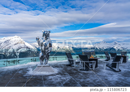 Banff, AB, Canada - OCT 31 2020 : Banff Gondola station Sky Bistro observation deck. Sulphur Mountain summit, Banff National Park, Canadian Rockies. Banff, AB, Canada - OCT 31 2020 : Banff Gondola station Sky Bistro observation deck. Sulphur Mountain summit, Banff National Park, Canadian Rockies. 115806723