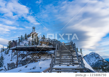 Sulphur Mountain Cosmic Ray Station National Historic Site. Wooden stairs and boardwalks along the Sulphur Mountain summit. Banff National Park, Canadian Rockies. AB, Canada 115806730