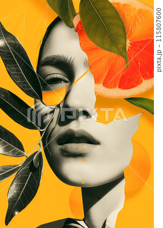 A woman's face is surrounded by leaves and an orange 115807600