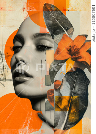 A woman's face is shown in a collage of different shapes and colors 115807601