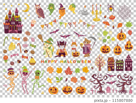 October Halloween costumed animals Jack-o'-lantern illustration set October Halloween costumed animals Jack-o'-lantern illustration set 115807880