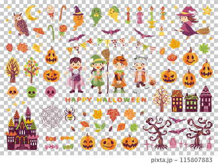 October Halloween costumed children Jack-o'-lantern illustration set 115807883