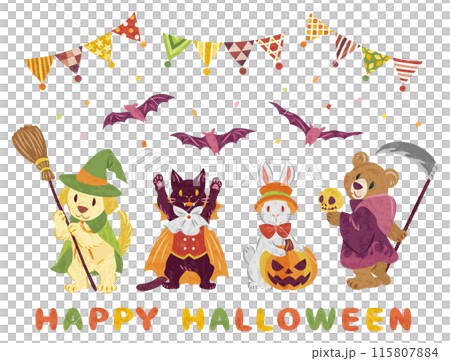 10月　ハロウィーン　仮装した動物たちのイラスト 115807884