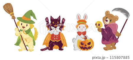 10月　ハロウィーン　仮装した動物たちのイラスト 115807885