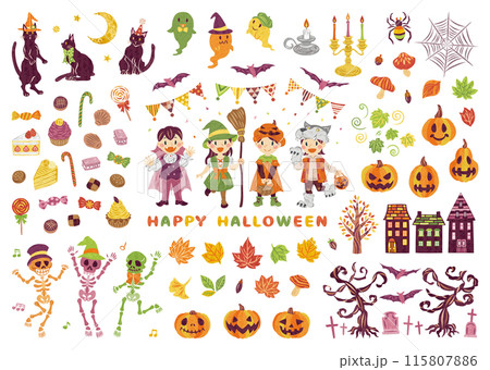 10月　ハロウィーン　仮装した子どもたち　ジャックオーランタン　イラスト素材セット 115807886