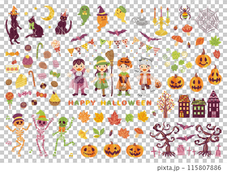 October Halloween costumed children Jack-o'-lantern illustration set 115807886