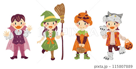 10月　ハロウィーン　仮装した子どもたちのイラスト 115807889