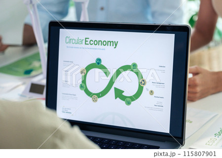ESG ( environment, social,governance) recycle sign on laptop screen with carbon free chart board in office ESG ( environment, social,governance) recycle sign on laptop screen with carbon free chart board in office 115807901