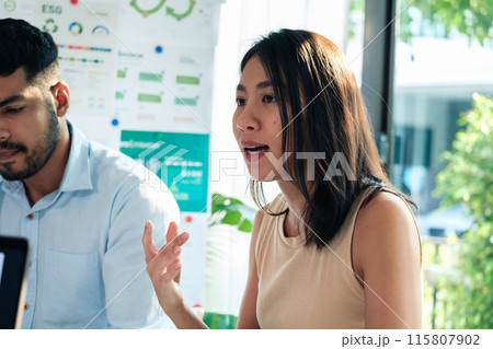 diversity team brainstorming discussion focused on ESG (environment,social,governance)  for sdgs goals in a sustainable green office 115807902