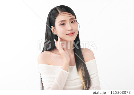 Beautiful young asian woman with clean fresh skin on white background, Face care, Facial treatment, Cosmetology, beauty and spa, Asian women portrait. Beautiful young asian woman with clean fresh skin on white background, Face care, Facial treatment, Cosmetology, beauty and spa, Asian women portrait. 115808078