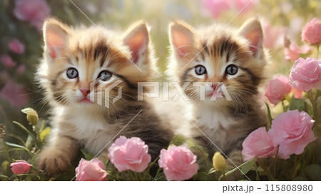 花の中で見つめる二匹の猫のイラスト素材 [115808980] - PIXTA