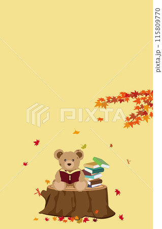 紅葉の風景と切株の上で読書をするクマのぬいぐるみのイラスト 115809770
