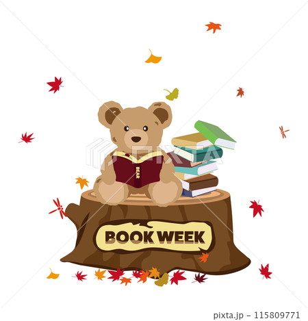 クマのぬいぐるみが切り株の上で読書をするBOOK WEEKのイラスト クマのぬいぐるみが切り株の上で読書をするBOOK WEEKのイラスト 115809771