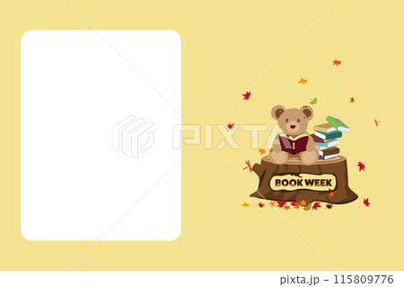 メモ付き、クマのぬいぐるみが切り株の上で読書をするBOOK WEEKのイラスト メモ付き、クマのぬいぐるみが切り株の上で読書をするBOOK WEEKのイラスト 115809776