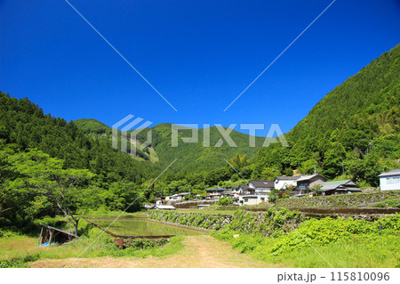 新緑の季節の里山の風景と青空のコントラストが美しい 115810096