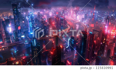 ネオンが輝くビル街 115810991