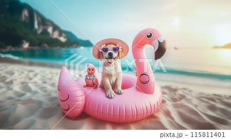 Funny dog wearing summer fashion with rubber ring on the beach. Summer Vacation Concept. 115811401