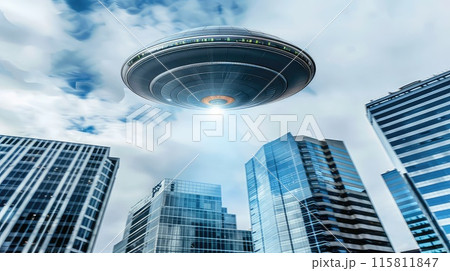 Alien invasion. An alien spaceship hovered over a densely populated city. 115811847