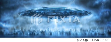 Alien invasion. An alien spaceship hovered over a densely populated city. 115811848