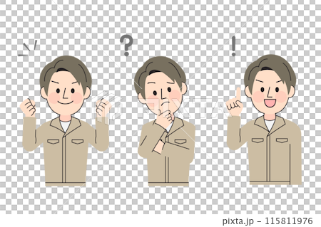 Three types of upper body poses of a man wearing work clothes Three types of upper body poses of a man wearing work clothes 115811976