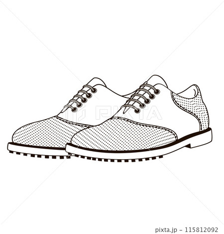 pair of traditional golf shoes black and white outline vector illustration 115812092