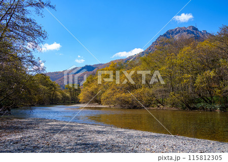 上高地の紅葉・梓川と焼岳(日本、長野県) 上高地の紅葉・梓川と焼岳(日本、長野県) 115812305