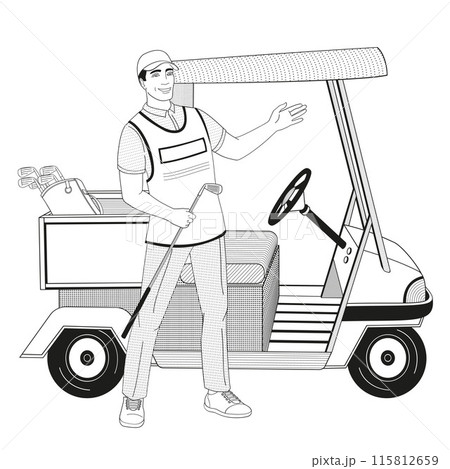 smiling golf club staff character  male caddie with golf car buggy 115812659