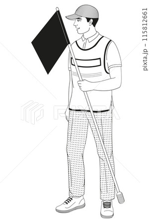 smiling golf club staff character male caddie with golf flag smiling golf club staff character male caddie with golf flag 115812661