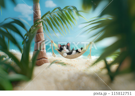 椰子の木のハンモッックでお昼寝のネコちゃん 椰子の木のハンモッックでお昼寝のネコちゃん 115812751