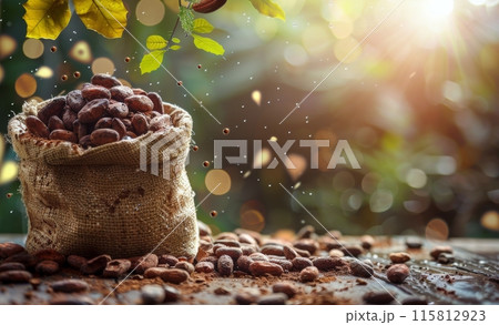 Cocoa Beans in a Burlap Bag Under a Raining Tree 115812923
