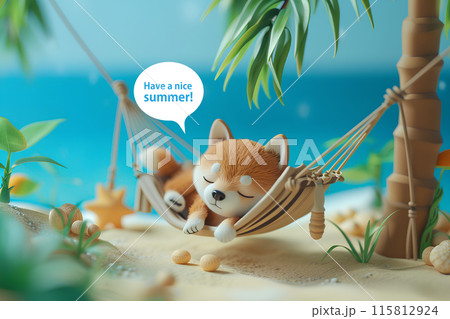 椰子の木のハンモッックでお昼寝の柴犬くん(文字入り) 椰子の木のハンモッックでお昼寝の柴犬くん(文字入り) 115812924