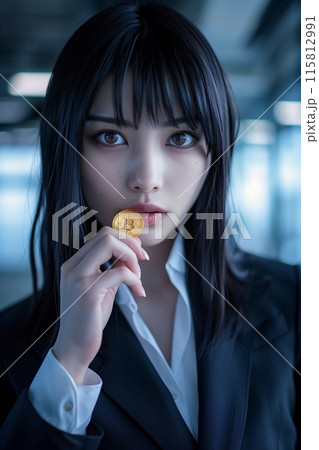 ビットコインにキスしている日本人女性 115812991