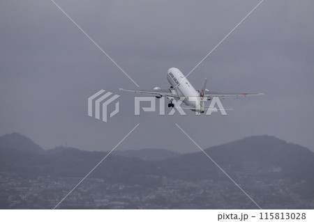 雨の大阪空港・伊丹空港を離陸する日本航空ボーイング767 115813028