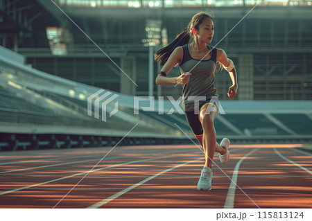 競技場のトラックを走る女子陸上選手 115813124
