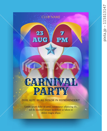 Carnival party background. Invitation and greeting design. Vertical banner. Realistic mask and colorful backdrop. Masquerade celebration. Entertainment theatrical performance. Vector illustration Carnival party background. Invitation and greeting design. Vertical banner. Realistic mask and colorful backdrop. Masquerade celebration. Entertainment theatrical performance. Vector illustration 115813147
