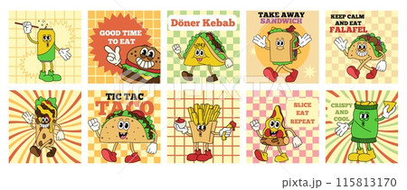 Menu fast food. Pizza and burger cartoon characters. Funky groovy sticker. Takeaway fries potato. Happy hamburger. Walking taco retro mascot. Doodle vintage style. Breakfast emoji. Vector cards set 115813170