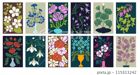 Flower abstract posters. Vase pattern floral vintage color graphic, retro element nature, ethnic style, paper design organic textile bouquet contemporary art collection. Vector background decor set Flower abstract posters. Vase pattern floral vintage color graphic, retro element nature, ethnic style, paper design organic textile bouquet contemporary art collection. Vector background decor set 115813242