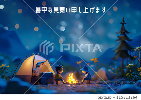 夜空と楽しいキャンプ風景（文字入り） 115813264