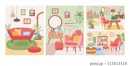 Home interior. Living room cartoon design. Hygge house decor. Comfortable couch. Cozy Scandinavian furnishing. Modern soft sofa and table. Plants in flowerpots. Apartment furniture vector garish set Home interior. Living room cartoon design. Hygge house decor. Comfortable couch. Cozy Scandinavian furnishing. Modern soft sofa and table. Plants in flowerpots. Apartment furniture vector garish set 115813319