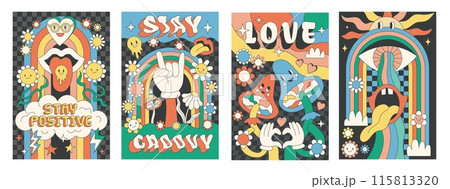 Flower groovy retro poster. Psychedelic 70s smile face. Cartoon rainbow sticker. Hallucination mushroom. Good love power. Happy peace character. Mouth with tongue. Vector abstract banners design set Flower groovy retro poster. Psychedelic 70s smile face. Cartoon rainbow sticker. Hallucination mushroom. Good love power. Happy peace character. Mouth with tongue. Vector abstract banners design set 115813320