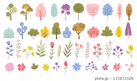 Tree and flower. Forest plants. Park shrub. Bush foliage. Spring vegetation. Meadow grass and wildflowers. Blossom buds. Colorful branches. Natural hedge. Minimal landscape elements vector flat set 115813326