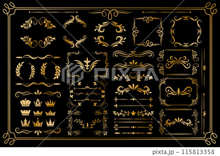 Frame border gold. Decor line ornament, golden luxury design for certificate. Royal elegant flower card, element flourish divider antique classic ornate, crown and leaves. Vector garish isolated set Frame border gold. Decor line ornament, golden luxury design for certificate. Royal elegant flower card, element flourish divider antique classic ornate, crown and leaves. Vector garish isolated set 115813358