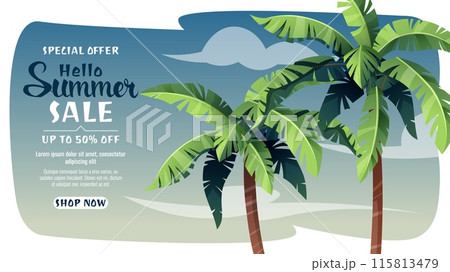 Banner with palm trees against a tropical sky. Lazy holiday, beach, sea. Suitable for web banners, backgrounds, posters, etc. Hello summer. 115813479
