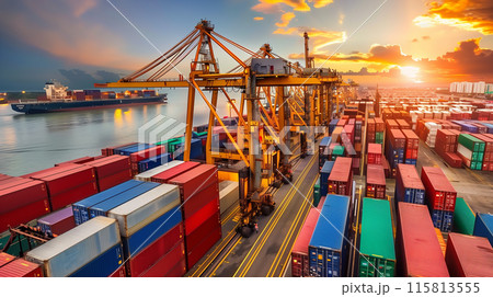 Logistics, container Cargo ship transportation with working crane bridge in deep sea port for import export. 115813555