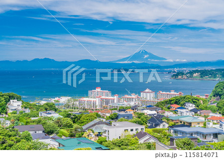 【神奈川県】湘南の住宅地越しに見る、江ノ島と富士山 115814071